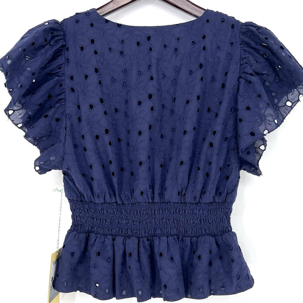 Birds of Paradis Trovata Top Womens S Navy Blue Eyelet Smocked Peplum Blouse - Picture 7 of 9